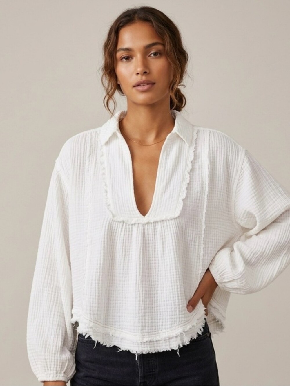 We The Free by Free People Scout Gauzy Cotton Raw Edge V-Neck Top White Medium